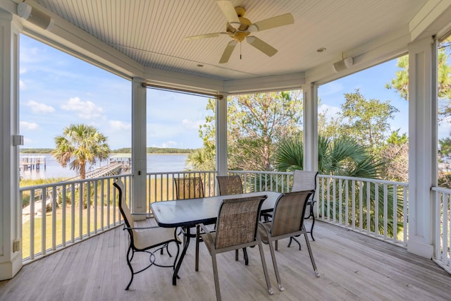 sunroom with a water view, ceiling fan, and plenty of natural light