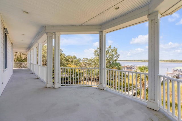 view of patio / terrace featuring a water view