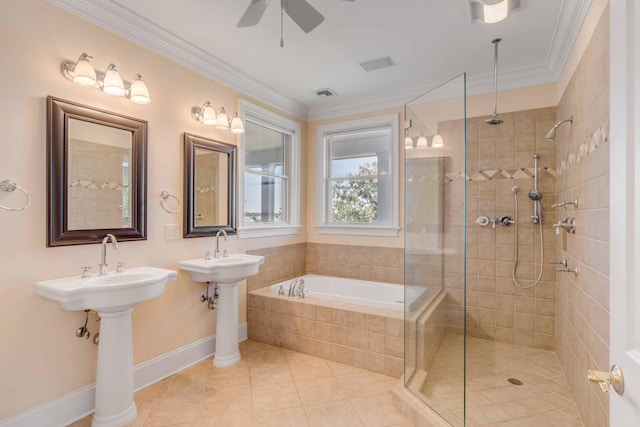 bathroom with shower with separate bathtub, tile patterned flooring, ornamental molding, and ceiling fan