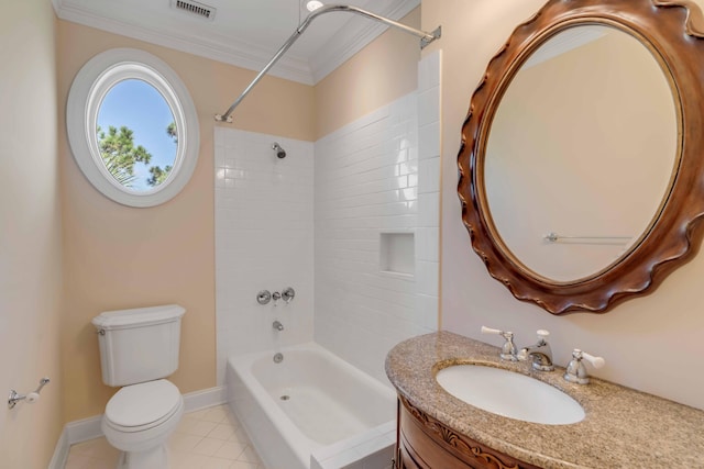 full bathroom with vanity, tiled shower / bath combo, ornamental molding, toilet, and tile patterned floors