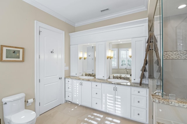 bathroom featuring double vanity, a stall shower, visible vents, crown molding, and a sink