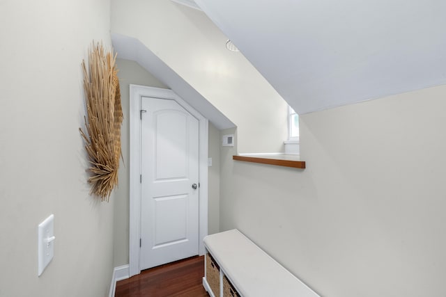 mudroom with vaulted ceiling and dark wood finished floors