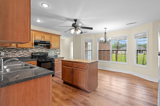 331 Kinard St, Orangeburg, SC 29118 - kitchen featuring black electric range, range hood, light wood-style flooring, tasteful backsplash, and ceiling fan