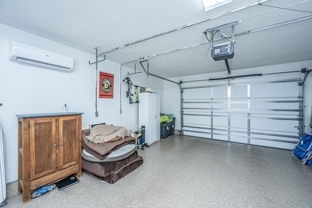 garage with a garage door opener and a wall mounted air conditioner