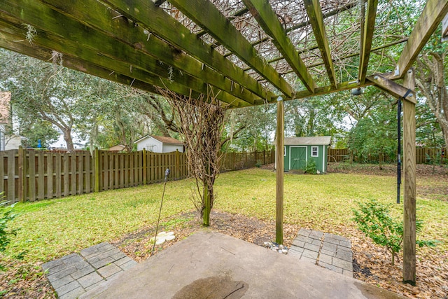 view of patio / terrace featuring a storage shed