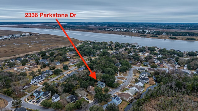 aerial view featuring a water view