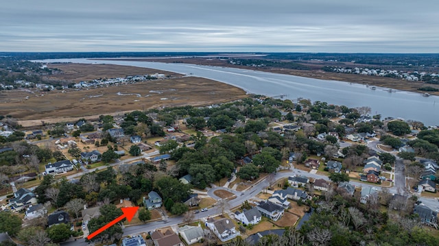 drone / aerial view featuring a water view