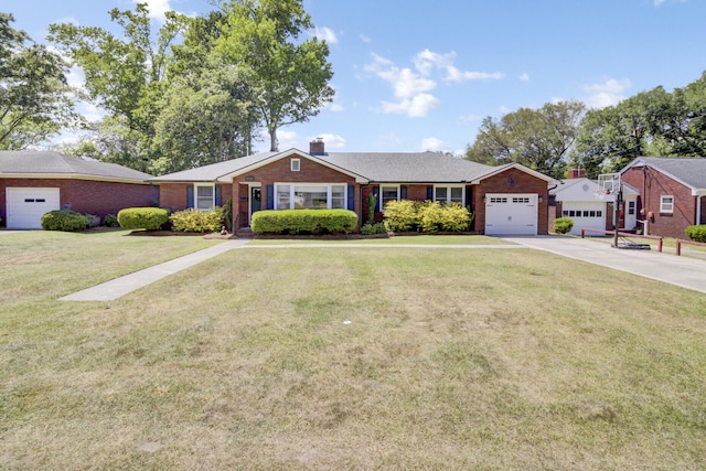 single story home with a front lawn, a chimney, brick siding, an attached garage, and driveway