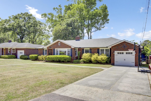 single story home featuring a front lawn, brick siding, a garage, a chimney, and driveway