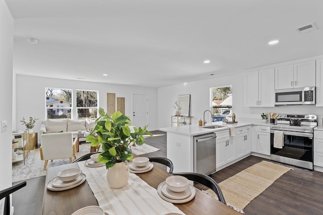 kitchen with a healthy amount of sunlight, sink, white cabinets, and stainless steel appliances