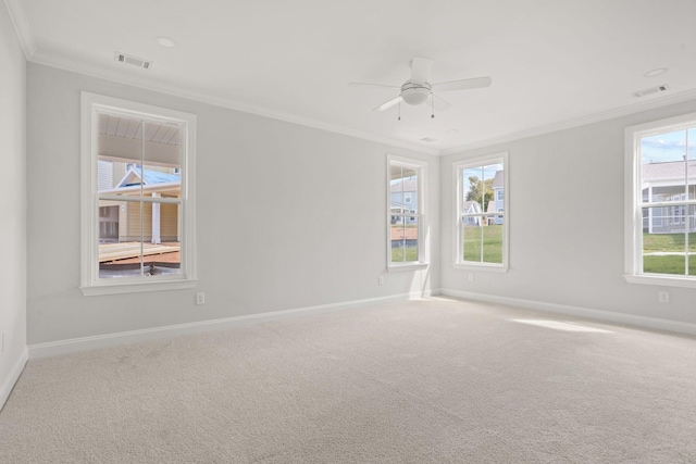 carpeted empty room with ceiling fan and ornamental molding