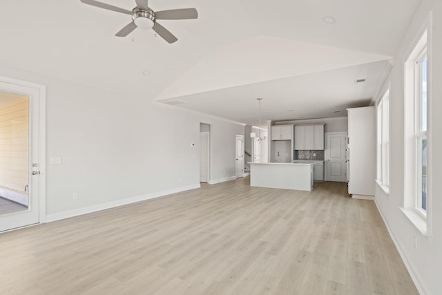 unfurnished living room with ceiling fan, light hardwood / wood-style flooring, and lofted ceiling