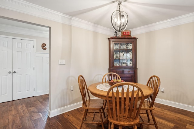 dining room featuring a notable chandelier, crown molding, baseboards, and dark wood-type flooring