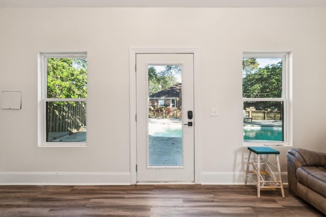 entryway with baseboards and wood finished floors