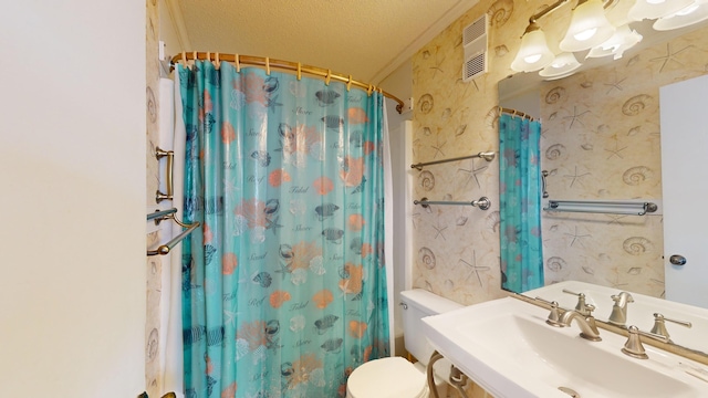 bathroom featuring a textured ceiling, vanity, toilet, and ornamental molding