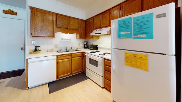 kitchen with light hardwood / wood-style flooring, white appliances, and sink