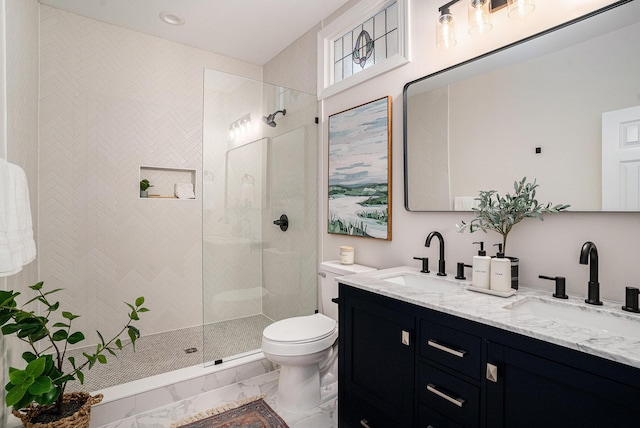 82 Ponsbury Rd, Mount Pleasant, SC 29464 - bathroom with toilet, double vanity, walk in shower, and marble finish floors