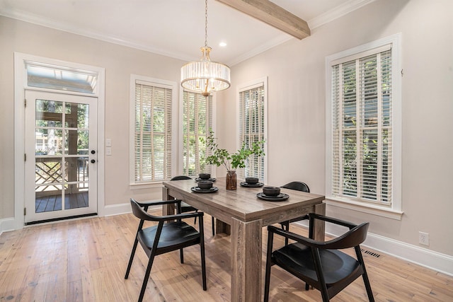 82 Ponsbury Rd, Mount Pleasant, SC 29464 - dining room with light wood-style flooring, baseboards, beam ceiling, a chandelier, and recessed lighting