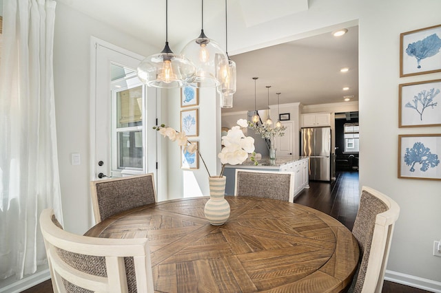 121 Cherry Grv, Summerville, SC 29483 - dining space with a chandelier, dark wood-style floors, baseboards, and recessed lighting