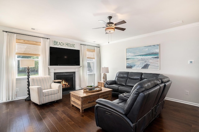 121 Cherry Grv, Summerville, SC 29483 - living room with ceiling fan, wood-type flooring, baseboards, crown molding, and a glass covered fireplace