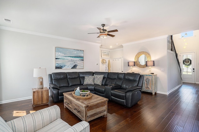 121 Cherry Grv, Summerville, SC 29483 - living room with baseboards, ceiling fan, crown molding, and wood finished floors