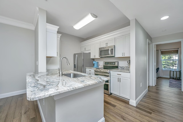 kitchen featuring appliances with stainless steel finishes, a peninsula, wood finished floors, white cabinets, and a sink