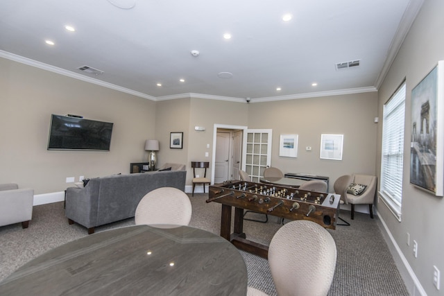 rec room featuring carpet, visible vents, and baseboards