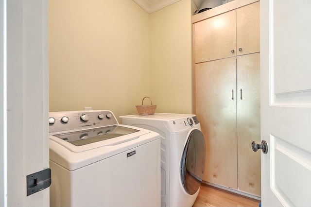 laundry room featuring crown molding, light hardwood / wood-style flooring, and washing machine and clothes dryer