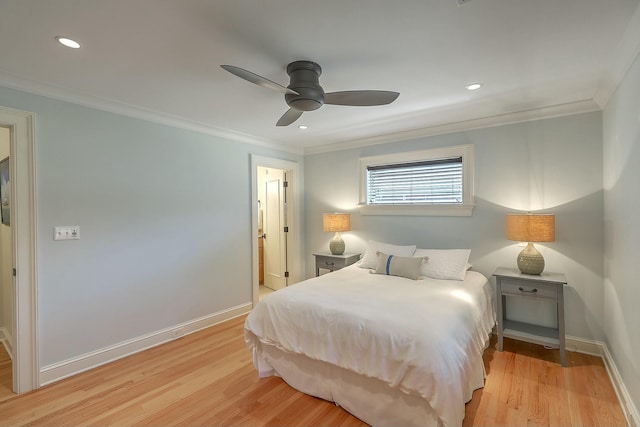 bedroom with ceiling fan, light hardwood / wood-style floors, and ornamental molding