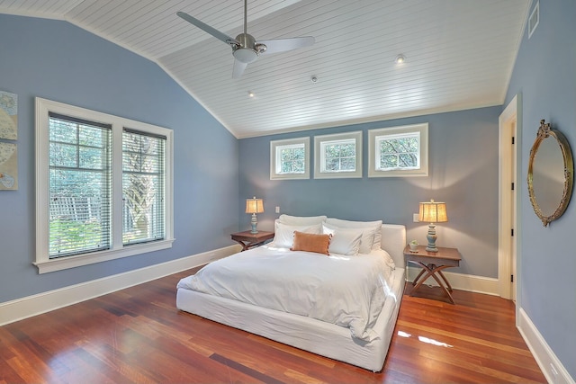 bedroom featuring ceiling fan, wood ceiling, lofted ceiling, and wood-type flooring