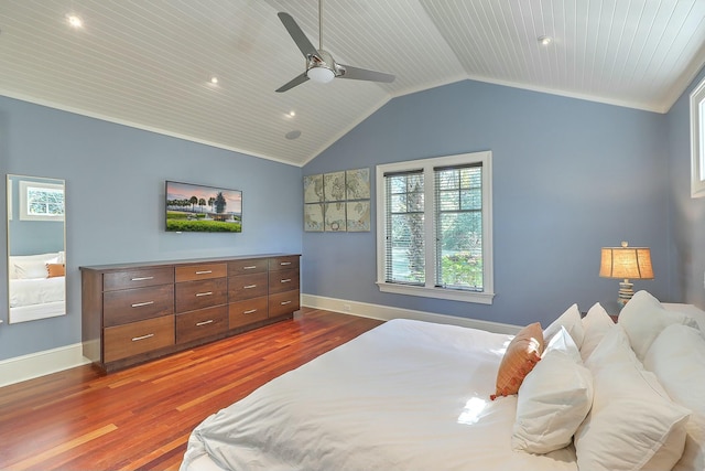 bedroom featuring ceiling fan, wooden ceiling, dark hardwood / wood-style flooring, and lofted ceiling