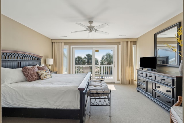 bedroom with carpet floors, access to outside, and ceiling fan