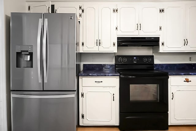 kitchen featuring white cabinets, black range with electric cooktop, exhaust hood, and stainless steel fridge with ice dispenser