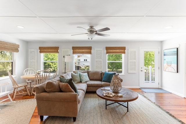 living room featuring plenty of natural light, light wood-style flooring, a ceiling fan, and baseboards