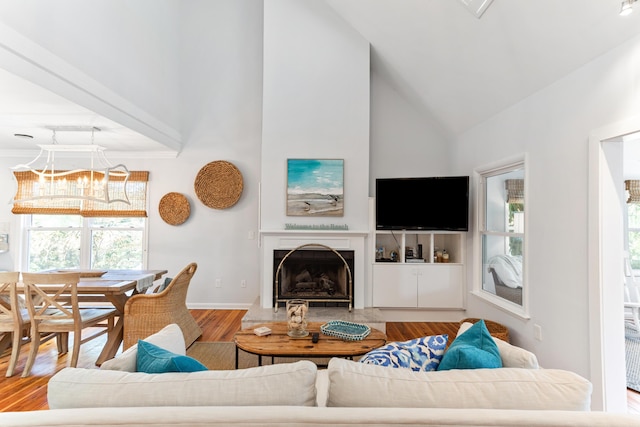 living area with a fireplace, wood finished floors, a healthy amount of sunlight, and high vaulted ceiling