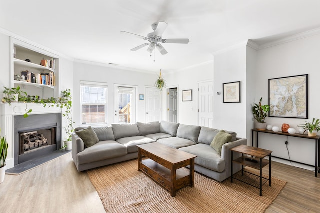 living room featuring ceiling fan, light hardwood / wood-style floors, and ornamental molding