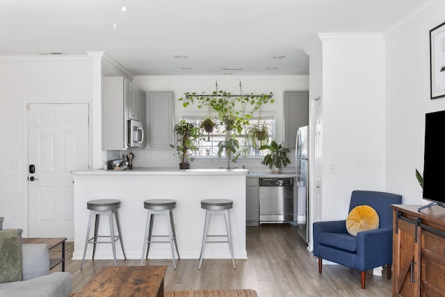 kitchen with hardwood / wood-style floors, stainless steel appliances, gray cabinets, and a breakfast bar area