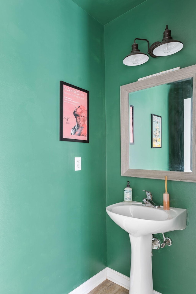 bathroom with hardwood / wood-style floors