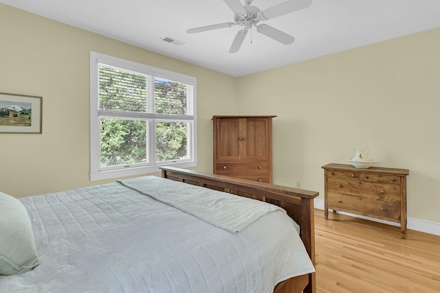 bedroom featuring light wood-type flooring, baseboards, and ceiling fan