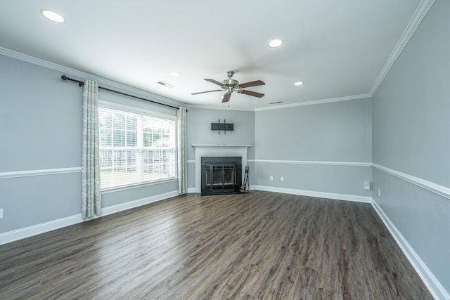 unfurnished living room featuring ornamental molding, ceiling fan, and dark hardwood / wood-style floors