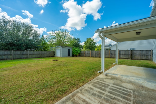 view of yard with a storage unit and a patio area