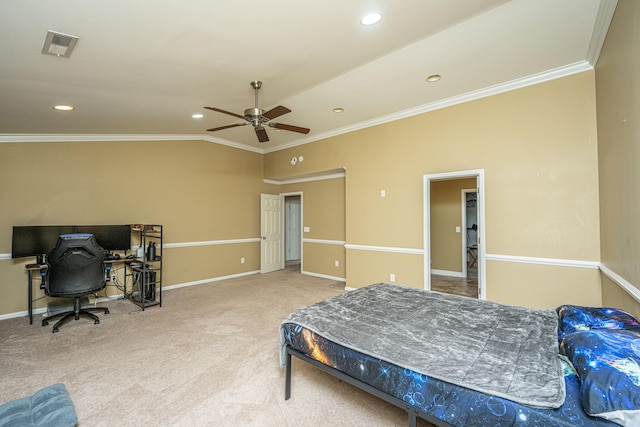 carpeted bedroom with lofted ceiling, ceiling fan, and crown molding