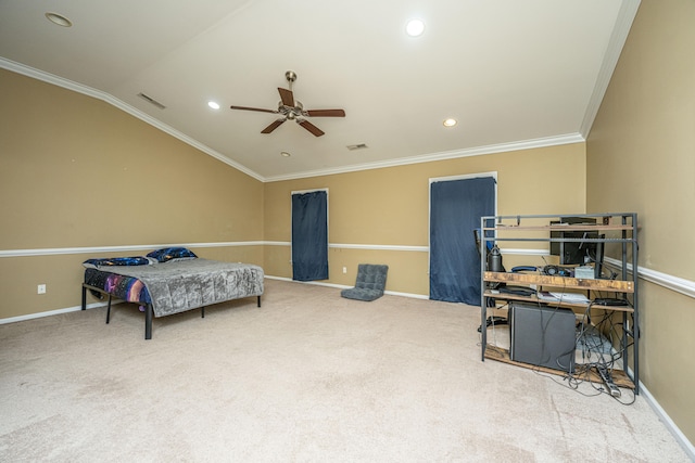 carpeted bedroom with lofted ceiling, ceiling fan, and crown molding