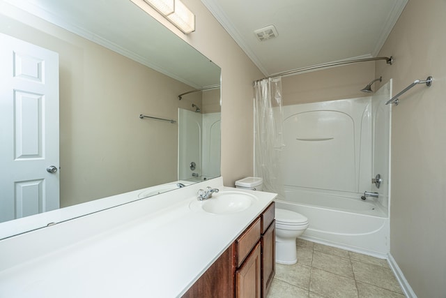 full bathroom with tile patterned flooring, toilet, shower / tub combo, vanity, and ornamental molding