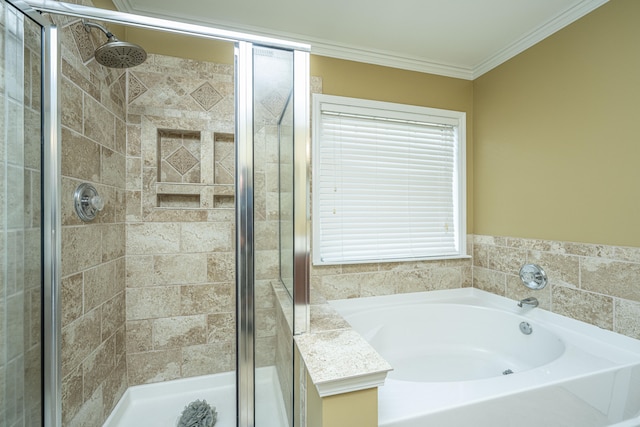 bathroom with crown molding and shower with separate bathtub