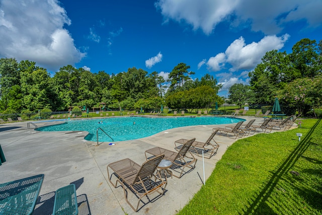 view of swimming pool with a lawn and a patio area