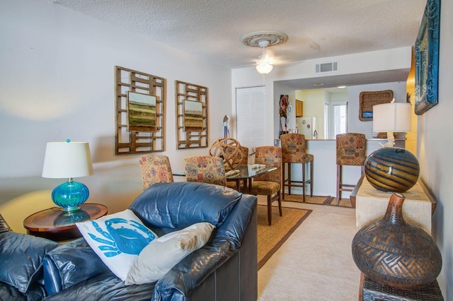 carpeted living room featuring a textured ceiling