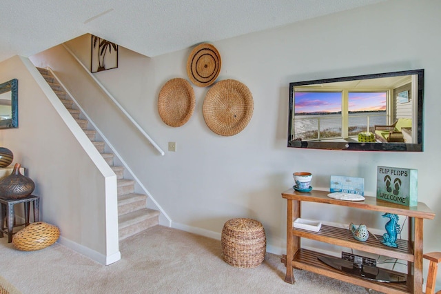 staircase featuring carpet and a textured ceiling