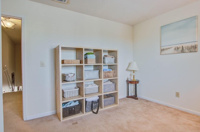 misc room featuring light colored carpet