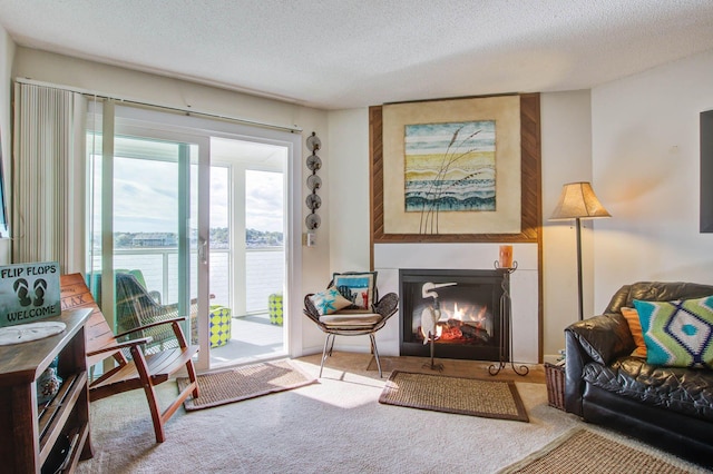 living area with carpet, a water view, and a textured ceiling